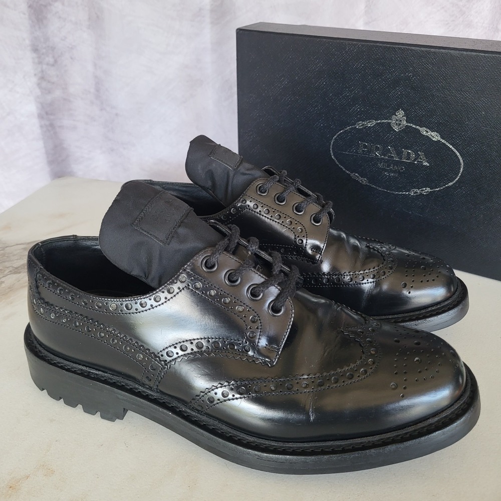 PRADA Spazzolato Patc Wingtip Spaz Fume Nero Black Size 8.5 US Men's